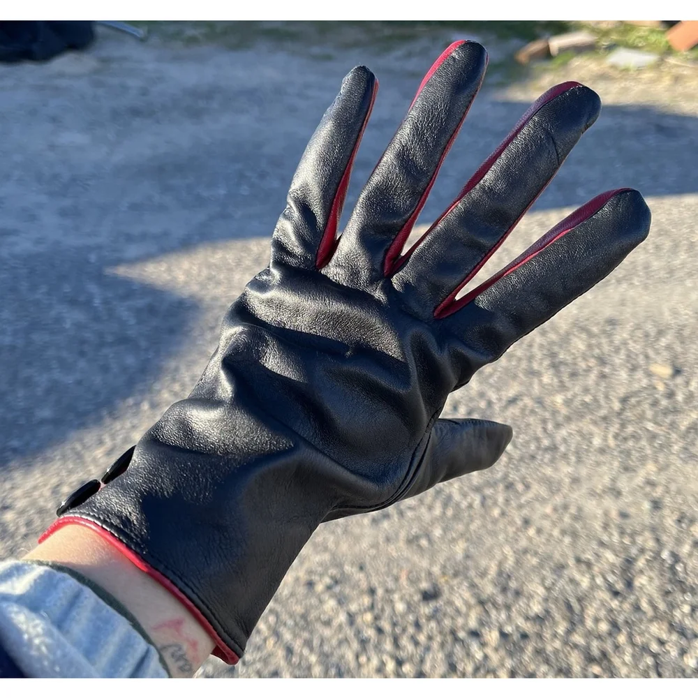Ralph Lauren Black Leather Gloves Red Trim Button Detail Women One Size